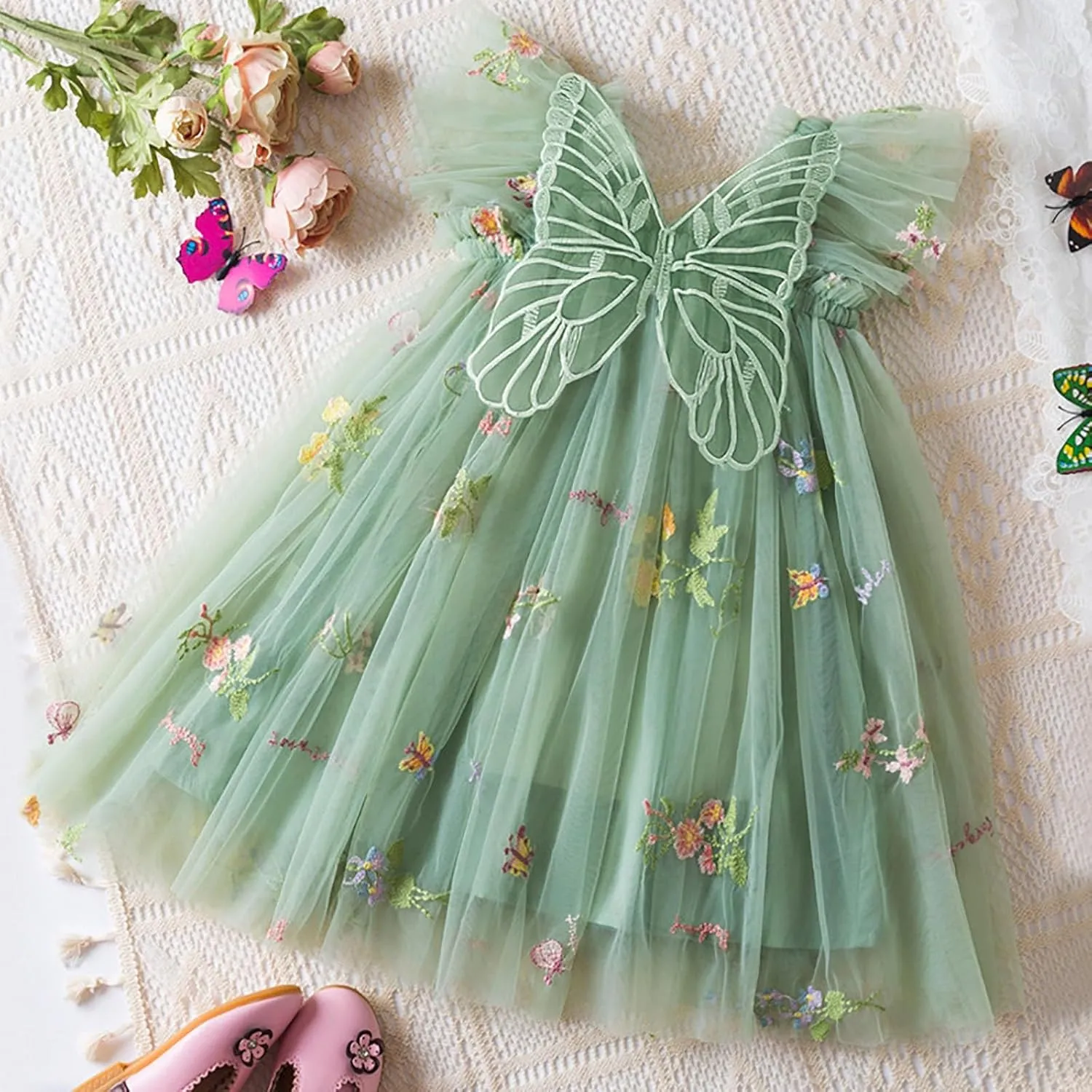 Lace Tulle Bow Print Birthday Dress for Toddler Girls Ruffle Sleeve Square Neck Dance Party Pleated Tutu Skirts