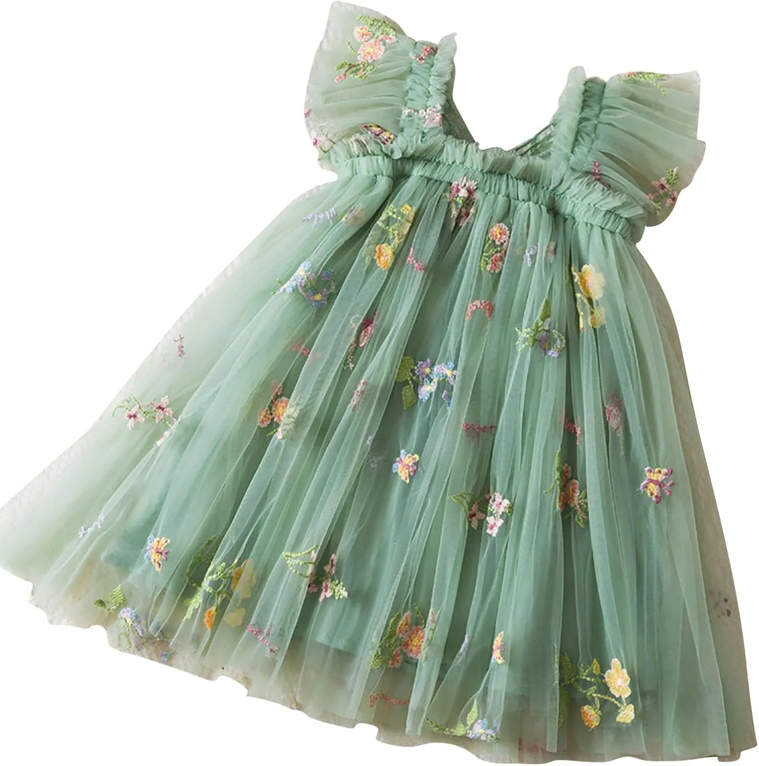 Lace Tulle Bow Print Birthday Dress for Toddler Girls Ruffle Sleeve Square Neck Dance Party Pleated Tutu Skirts