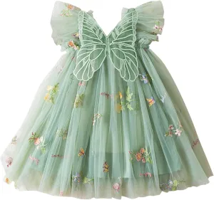 Lace Tulle Bow Print Birthday Dress for Toddler Girls Ruffle Sleeve Square Neck Dance Party Pleated Tutu Skirts