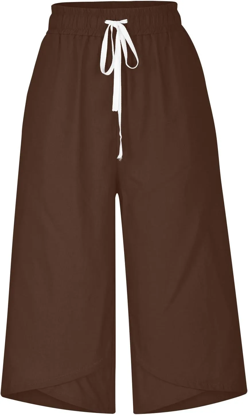 Linen Capri Pants for Women Casual Summer Solid Loose Outdoor Drawstring Pants with Pockets Trendy Summer Trousers