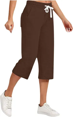 Linen Capri Pants for Women Casual Summer Solid Loose Outdoor Drawstring Pants with Pockets Trendy Summer Trousers