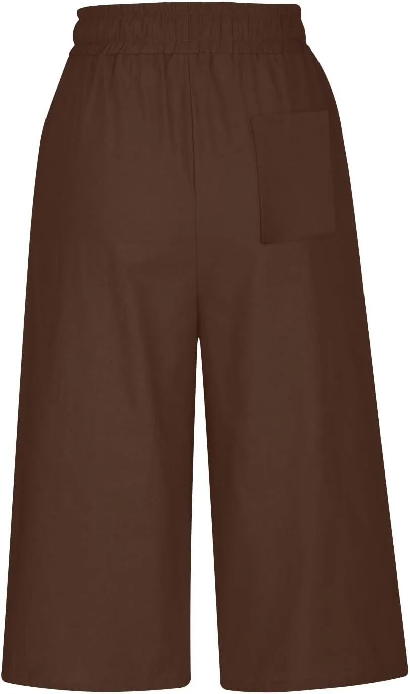 Linen Capri Pants for Women Casual Summer Solid Loose Outdoor Drawstring Pants with Pockets Trendy Summer Trousers