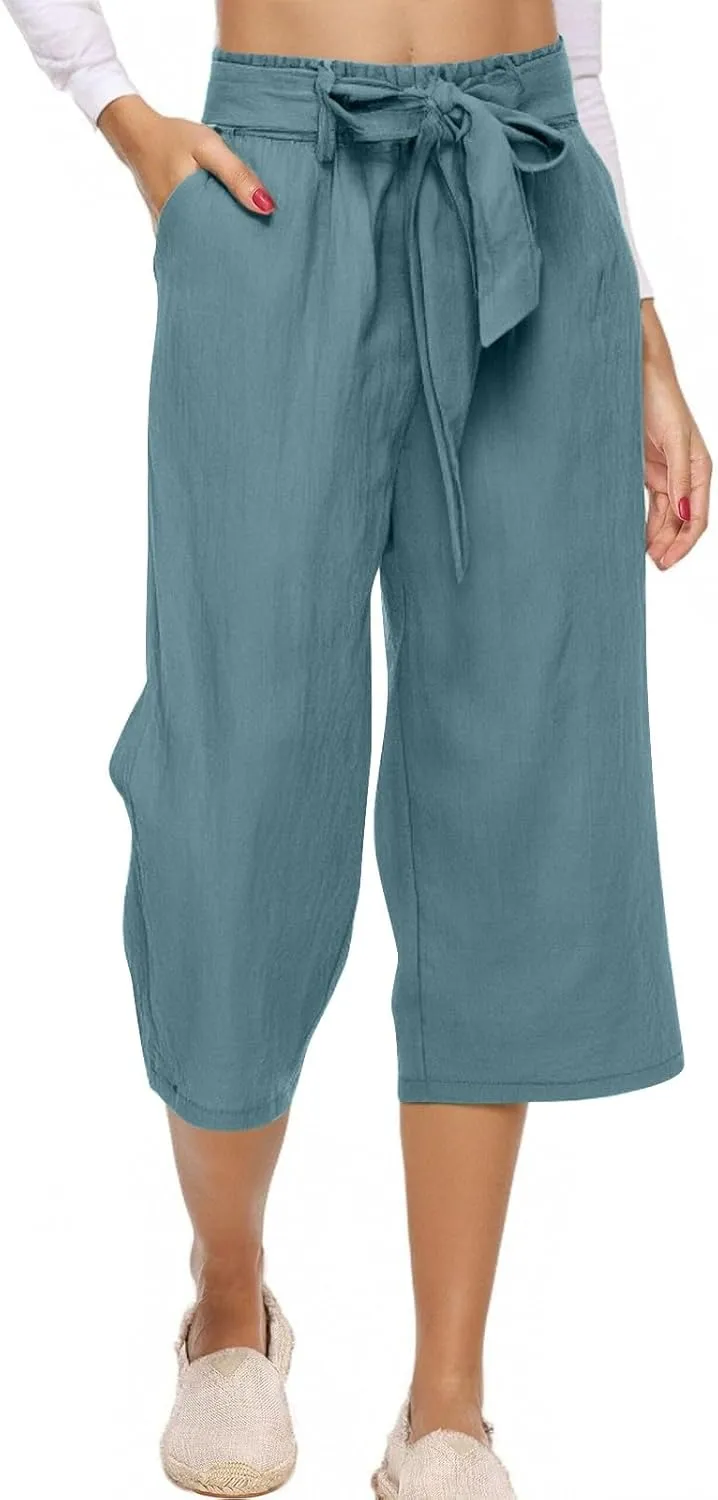 Linen Capri Pants for Women Cotton Casual Summer Capris Drawstring High Waist Pants Wide Leg Cropped Trousers