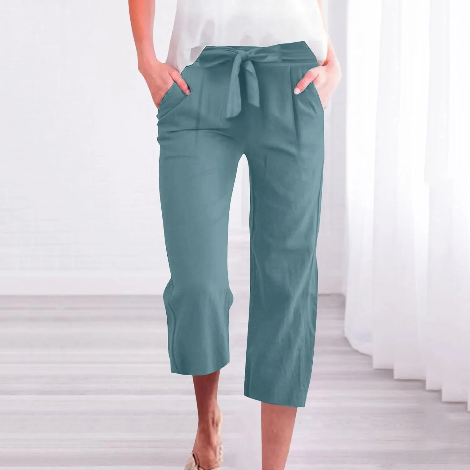 Linen Capri Pants for Women Cotton Casual Summer Capris Drawstring High Waist Pants Wide Leg Cropped Trousers