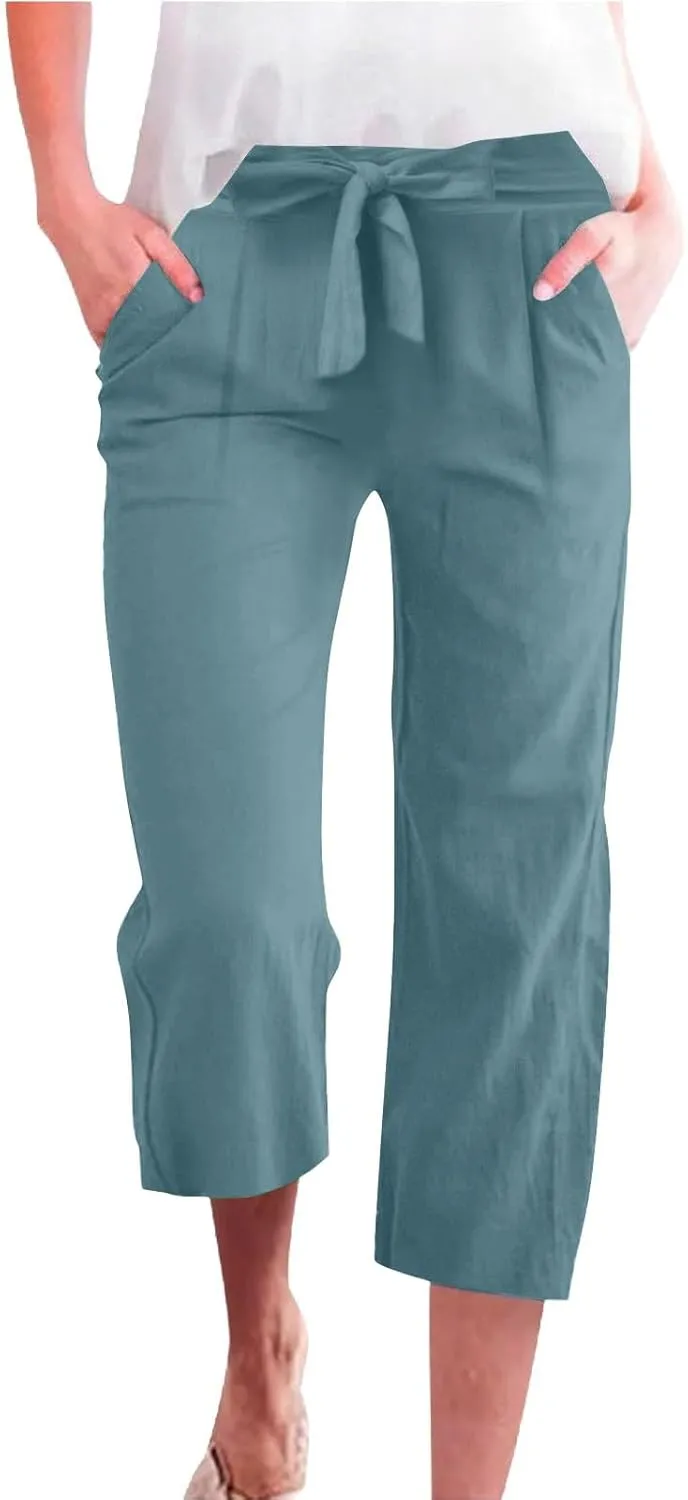 Linen Capri Pants for Women Cotton Casual Summer Capris Drawstring High Waist Pants Wide Leg Cropped Trousers