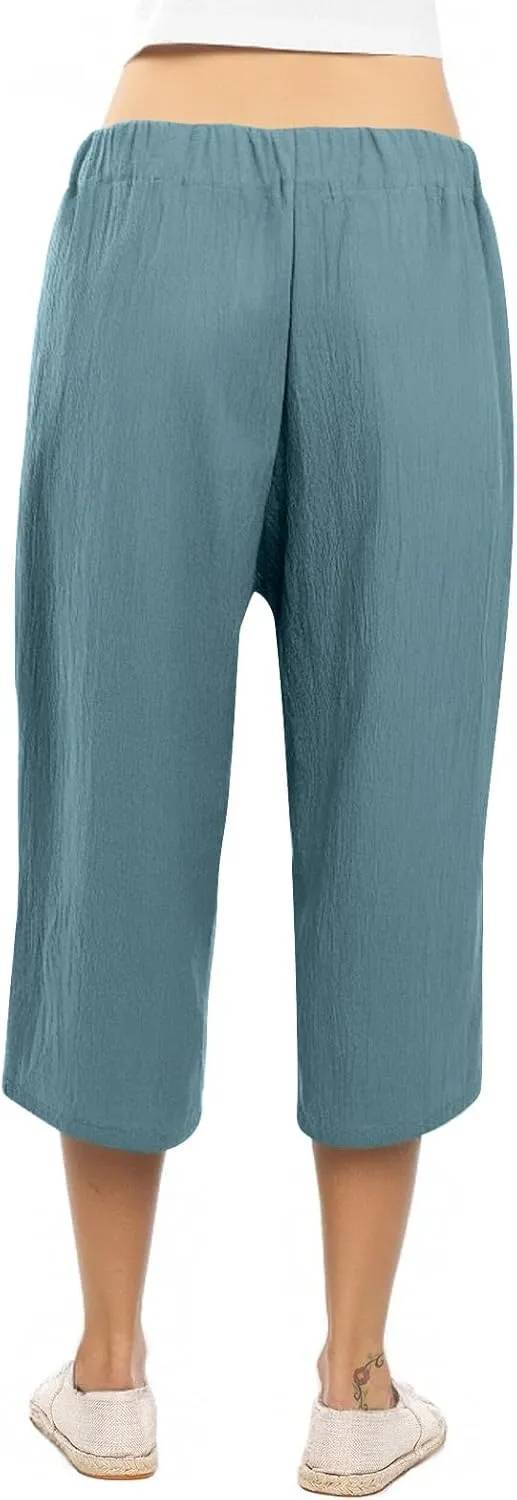 Linen Capri Pants for Women Cotton Casual Summer Capris Drawstring High Waist Pants Wide Leg Cropped Trousers
