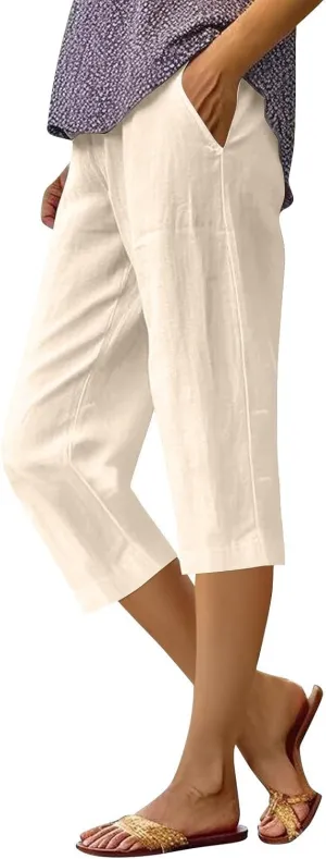 Linen Capri Pants for Women Cotton Linen Pants Casual 2025 Comfy Trendy Elastic Waist Trouser Beach Vacation Clothes