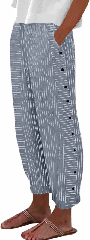 Linen Capri Pants for Women Straight Leg High Waisted Pinstripe Pants 2025 Summer Casual Gauze Pant with Pockets