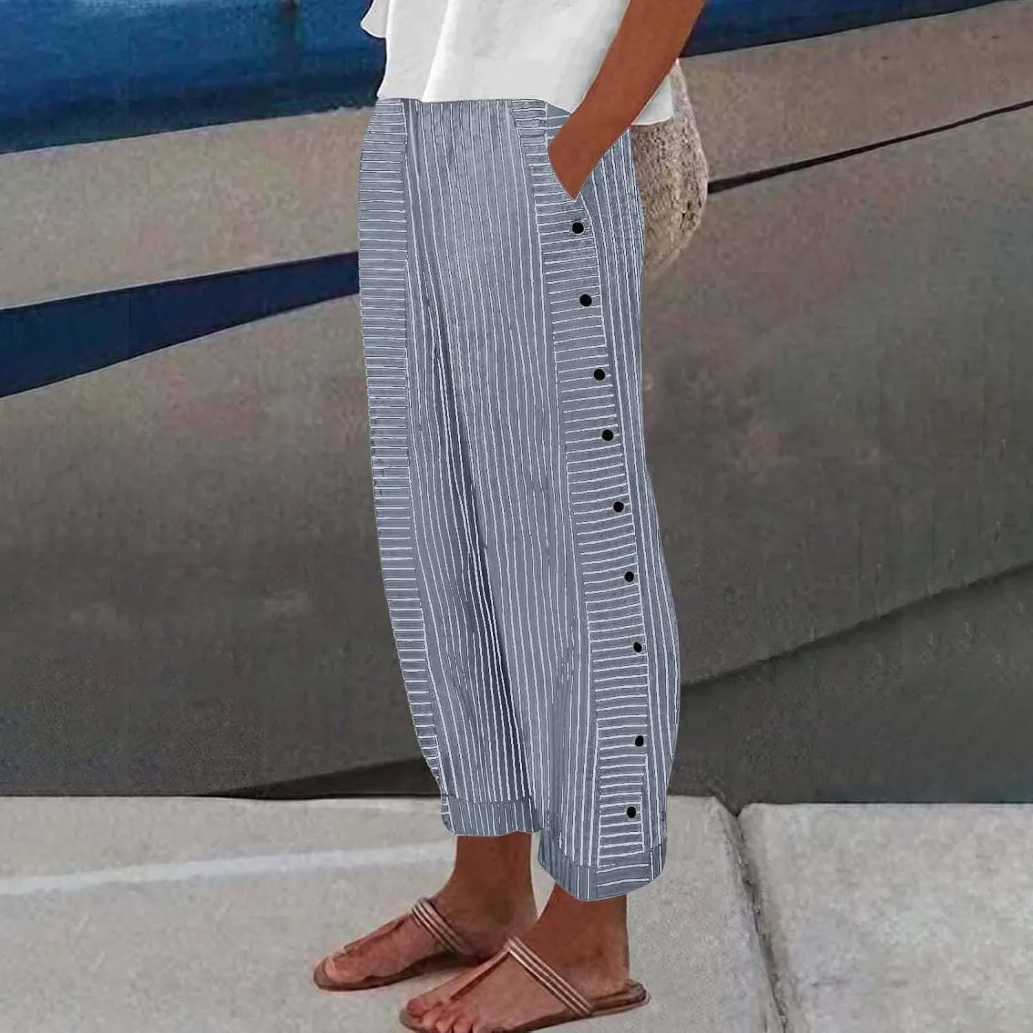 Linen Capri Pants for Women Straight Leg High Waisted Pinstripe Pants 2025 Summer Casual Gauze Pant with Pockets
