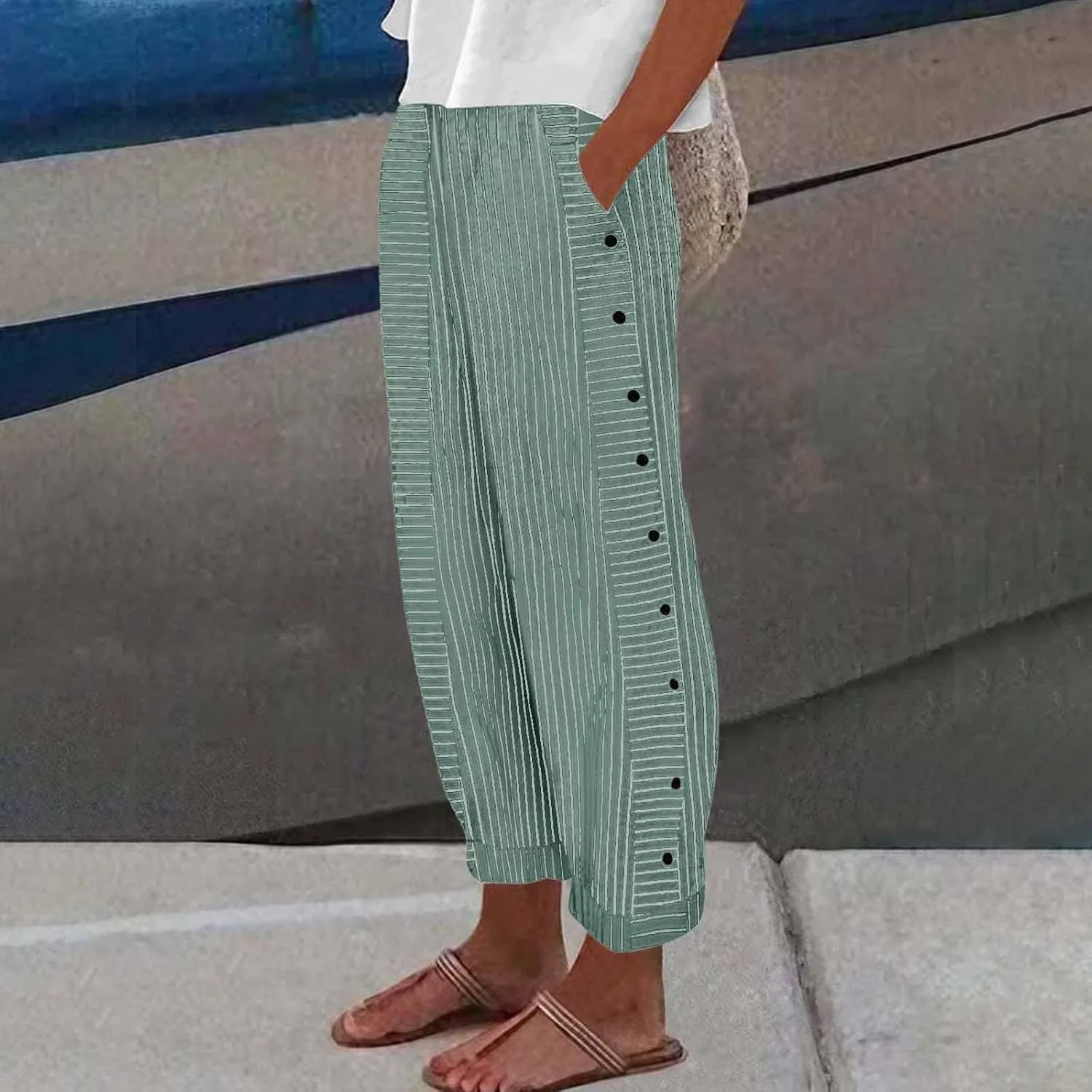 Linen Capri Pants for Women Straight Leg High Waisted Pinstripe Pants 2025 Summer Casual Gauze Pant with Pockets