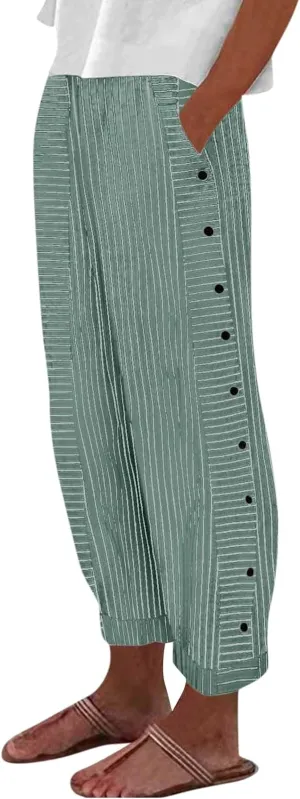 Linen Capri Pants for Women Straight Leg High Waisted Pinstripe Pants 2025 Summer Casual Gauze Pant with Pockets