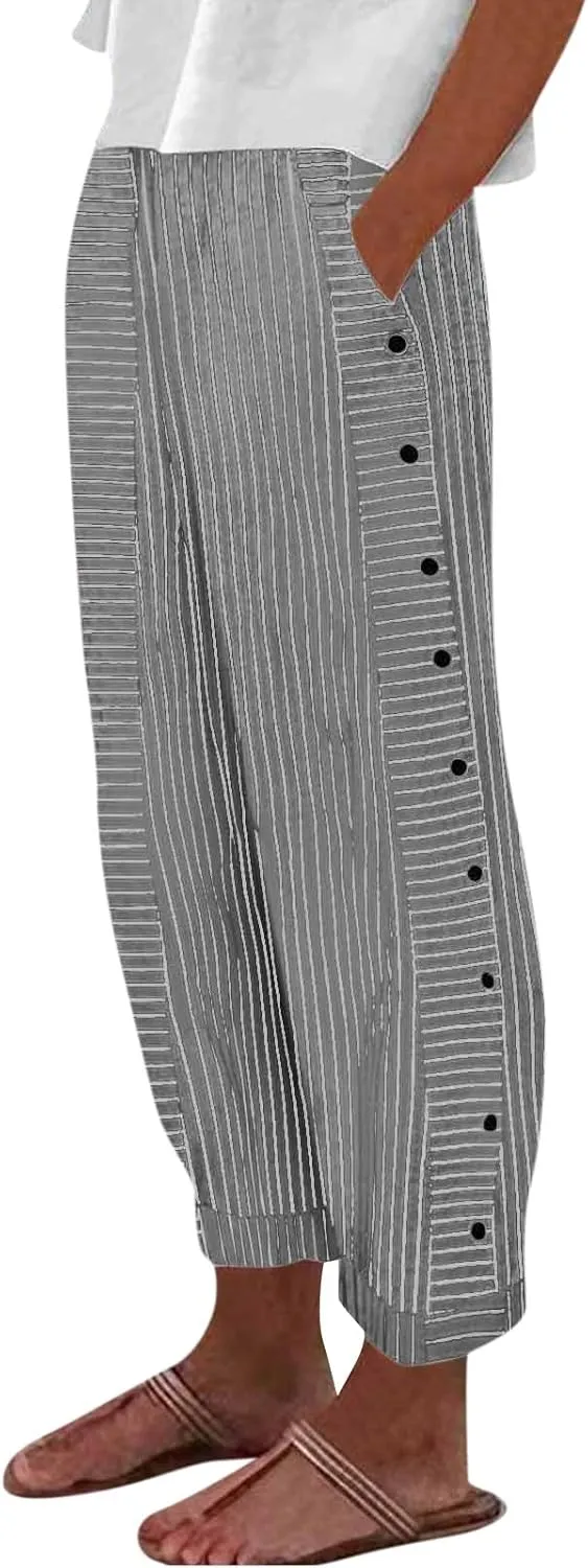 Linen Capri Pants for Women Straight Leg High Waisted Pinstripe Pants 2025 Summer Casual Gauze Pant with Pockets