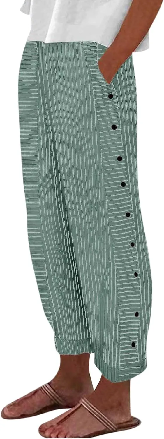 Linen Capri Pants for Women Straight Leg High Waisted Pinstripe Pants 2025 Summer Casual Gauze Pant with Pockets