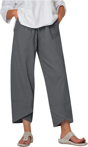 Linen Cropped Pants Women Summer Elastic Waisted Palazzo Pants Drawstring Straight Leg Lounge Trousers Pockets