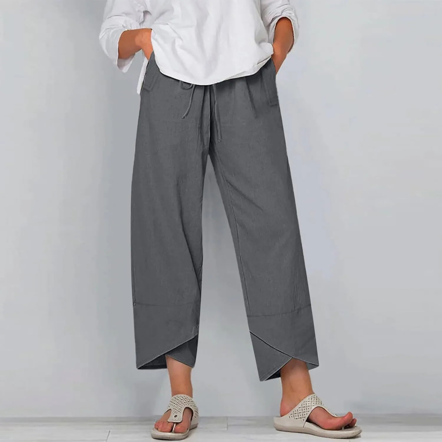 Linen Cropped Pants Women Summer Elastic Waisted Palazzo Pants Drawstring Straight Leg Lounge Trousers Pockets
