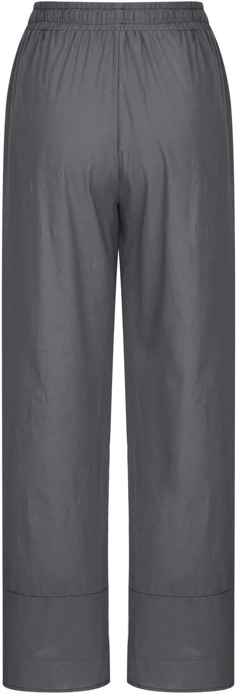 Linen Cropped Pants Women Summer Elastic Waisted Palazzo Pants Drawstring Straight Leg Lounge Trousers Pockets