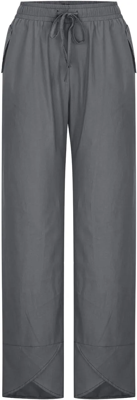 Linen Cropped Pants Women Summer Elastic Waisted Palazzo Pants Drawstring Straight Leg Lounge Trousers Pockets