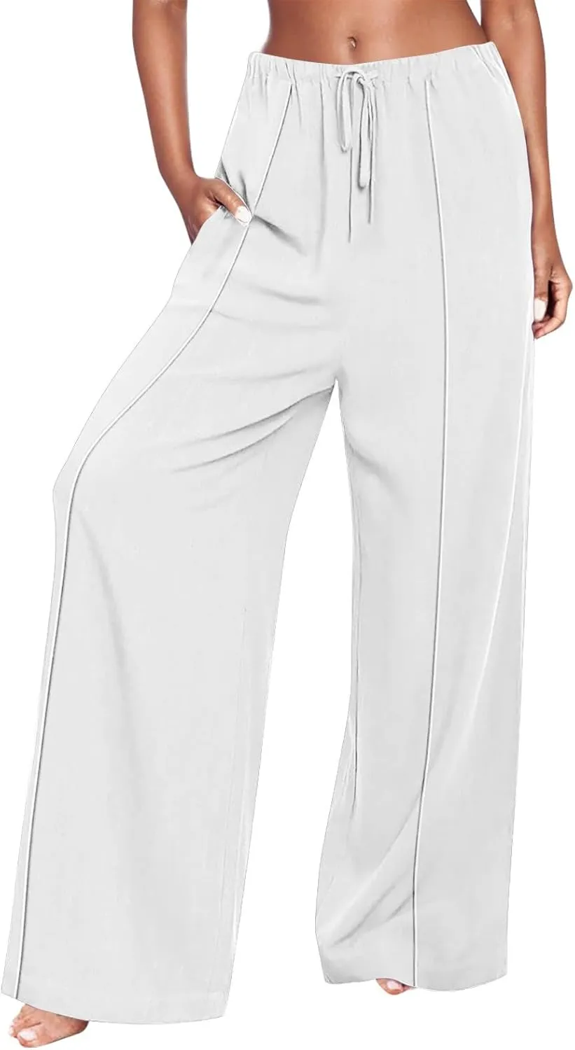 Linen Palazzo Pants for Women Loose Fit Comfy Wide Leg Pants Summer Drawstring High Waisted Lounge Pants with Pockets