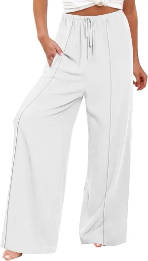 Linen Palazzo Pants for Women Loose Fit Comfy Wide Leg Pants Summer Drawstring High Waisted Lounge Pants with Pockets