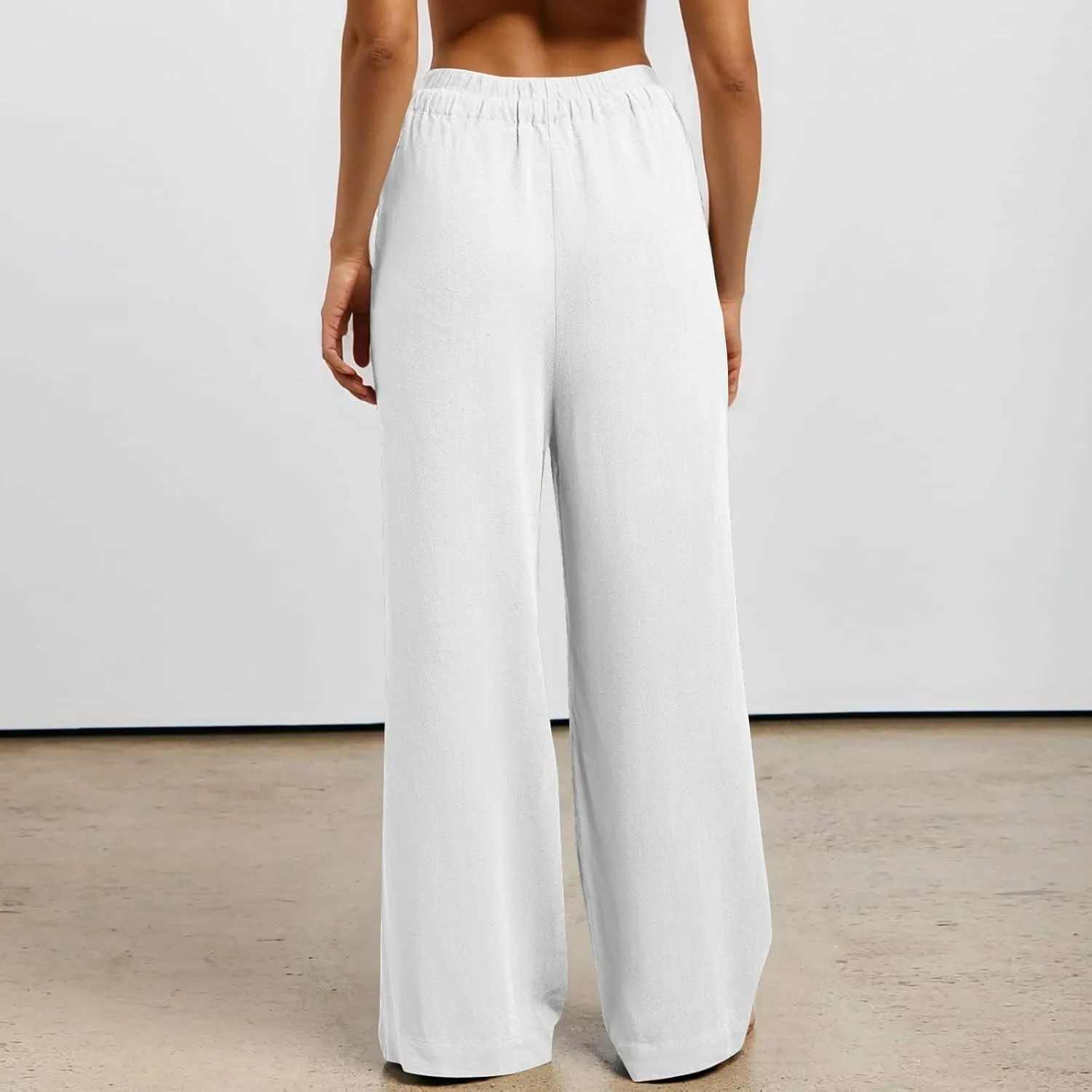 Linen Palazzo Pants for Women Loose Fit Comfy Wide Leg Pants Summer Drawstring High Waisted Lounge Pants with Pockets
