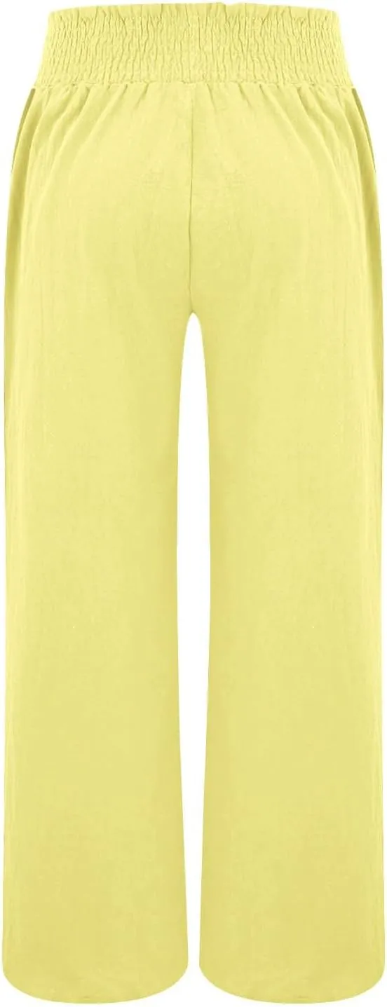 Linen Palazzo Pants for Women Wide Leg Elastic High Waist Printed Pants Flowy Drawstring Smocked Lounge Trousers