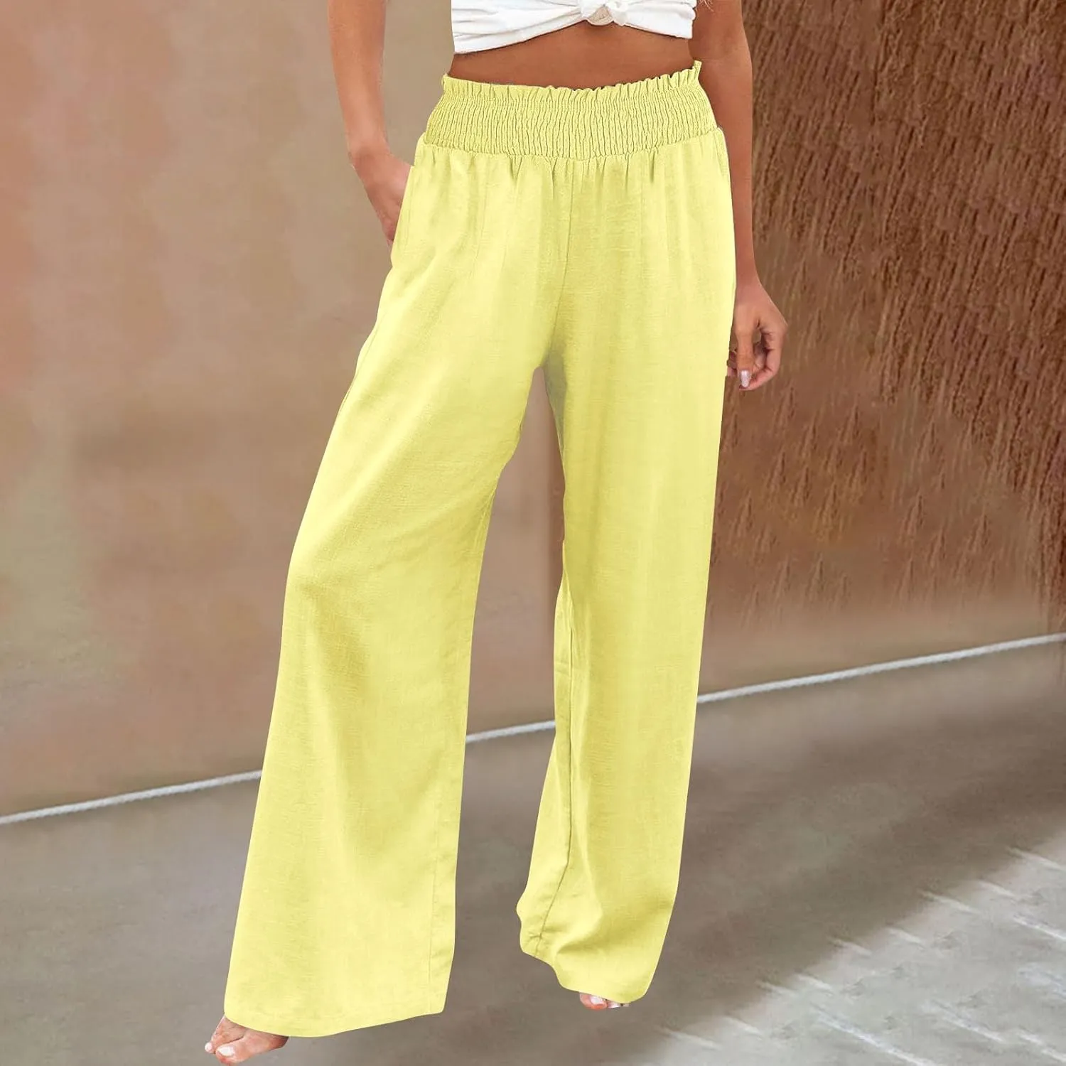 Linen Palazzo Pants for Women Wide Leg Elastic High Waist Printed Pants Flowy Drawstring Smocked Lounge Trousers