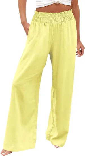 Linen Palazzo Pants for Women Wide Leg Elastic High Waist Printed Pants Flowy Drawstring Smocked Lounge Trousers