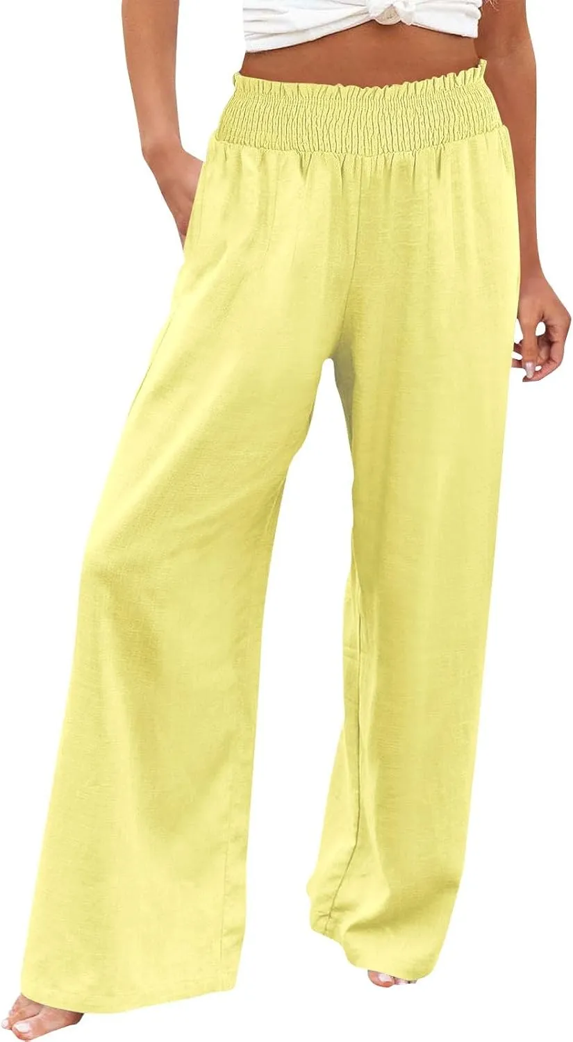 Linen Palazzo Pants for Women Wide Leg Elastic High Waist Printed Pants Flowy Drawstring Smocked Lounge Trousers