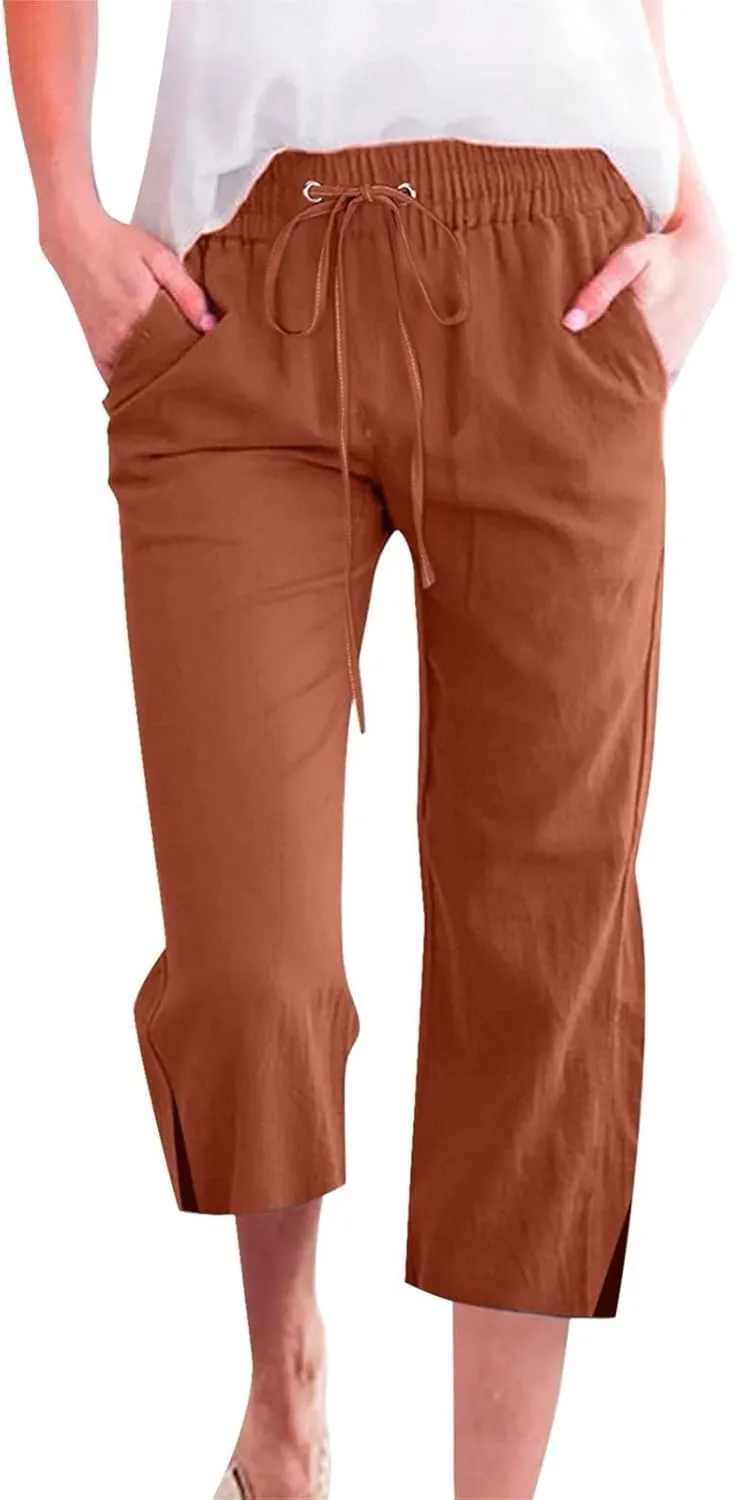 Linen Pants for Women 2025 Summer Petite Linen Pants Wide Leg Gauze Pant Striped Capri Trouser Casual Maternity Pant