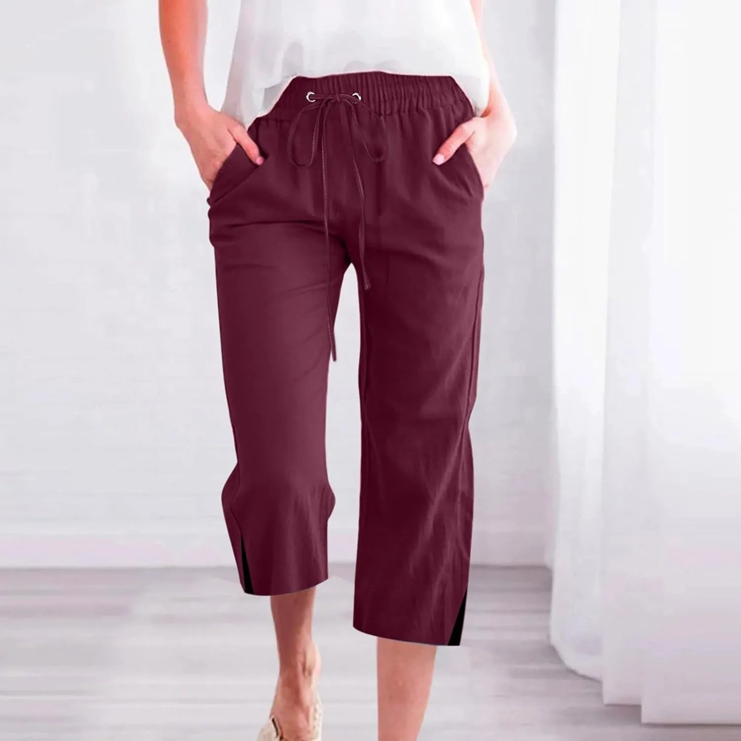 Linen Pants for Women 2025 Summer Petite Linen Pants Wide Leg Gauze Pant Striped Capri Trouser Casual Maternity Pant