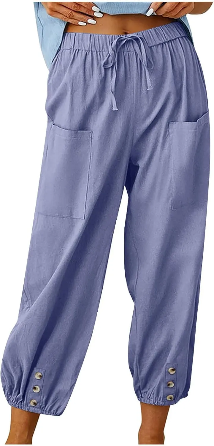 Linen Pants for Women High Waist Drawstring Palazzo Pants Summer Casual Tapered Lounge Trousers Boho Beach Outfits