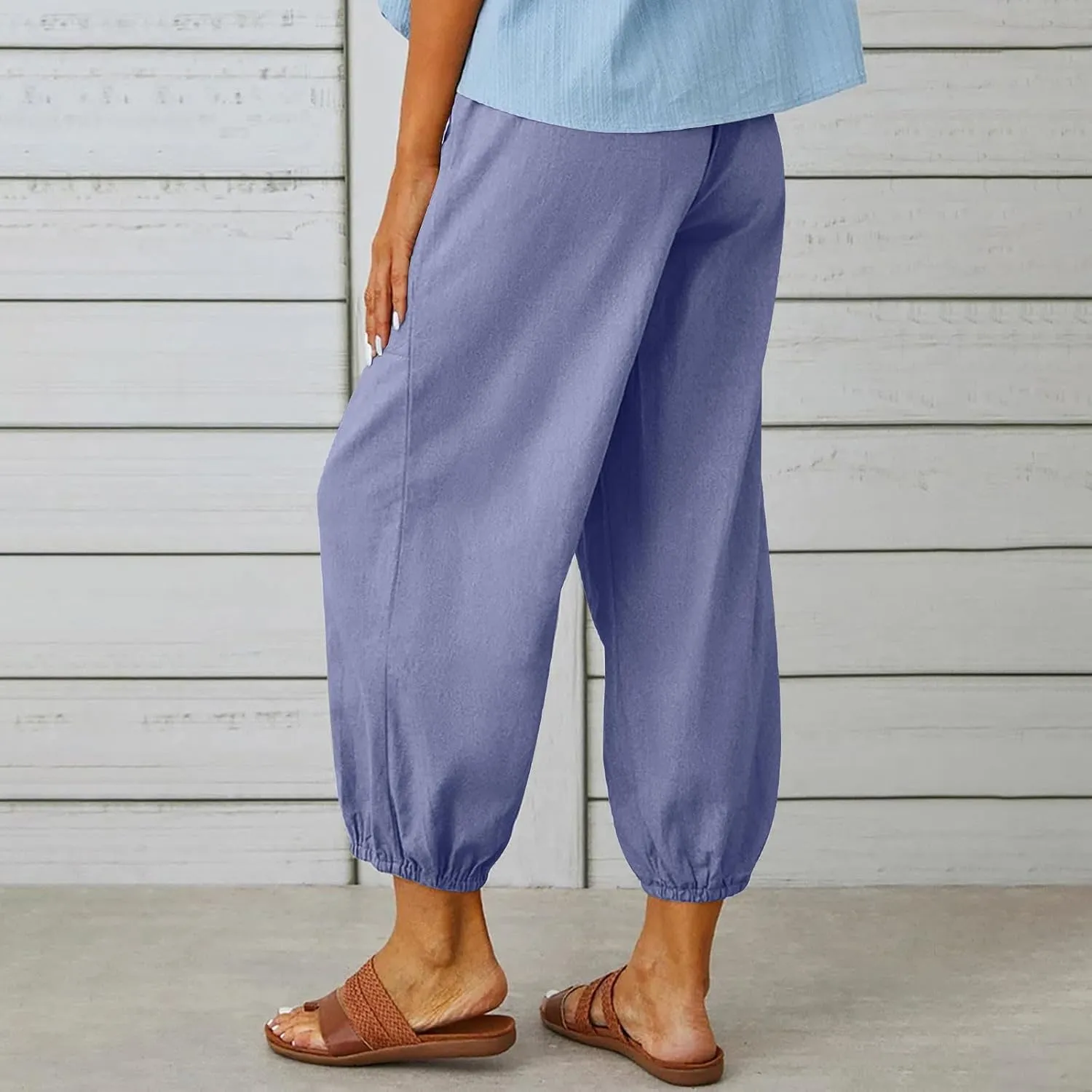 Linen Pants for Women High Waist Drawstring Palazzo Pants Summer Casual Tapered Lounge Trousers Boho Beach Outfits