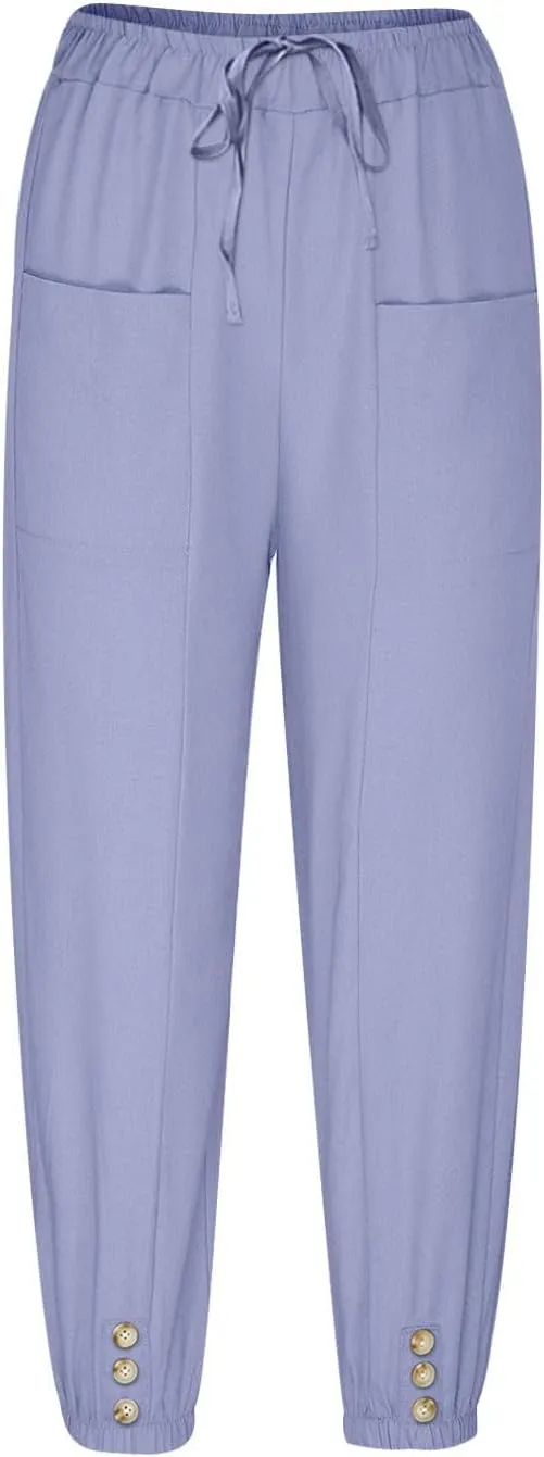 Linen Pants for Women High Waist Drawstring Palazzo Pants Summer Casual Tapered Lounge Trousers Boho Beach Outfits