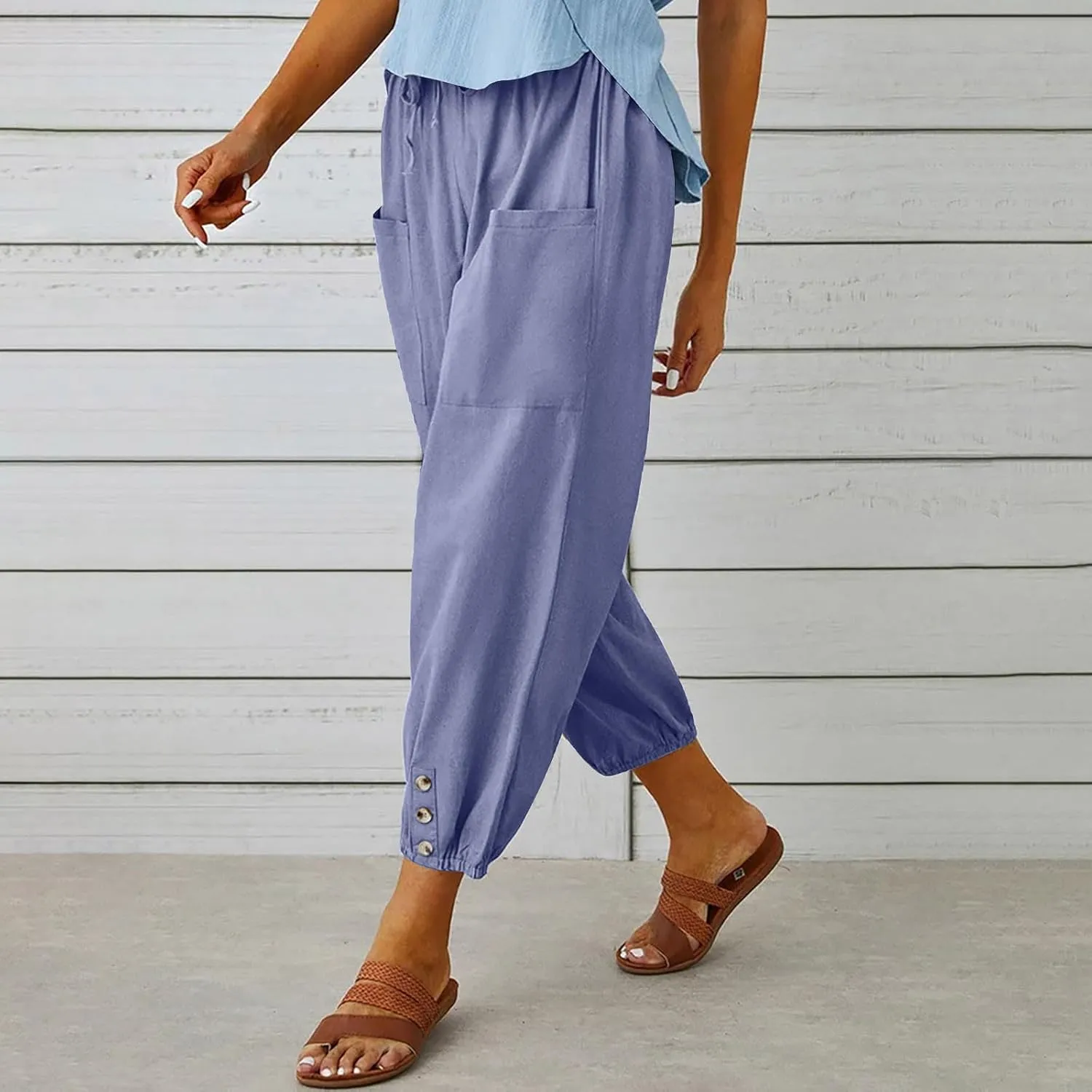 Linen Pants for Women High Waist Drawstring Palazzo Pants Summer Casual Tapered Lounge Trousers Boho Beach Outfits