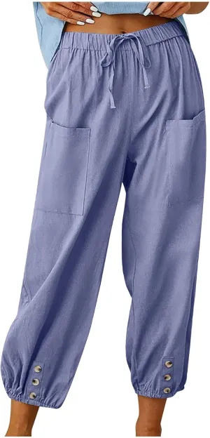 Linen Pants for Women High Waist Drawstring Palazzo Pants Summer Casual Tapered Lounge Trousers Boho Beach Outfits