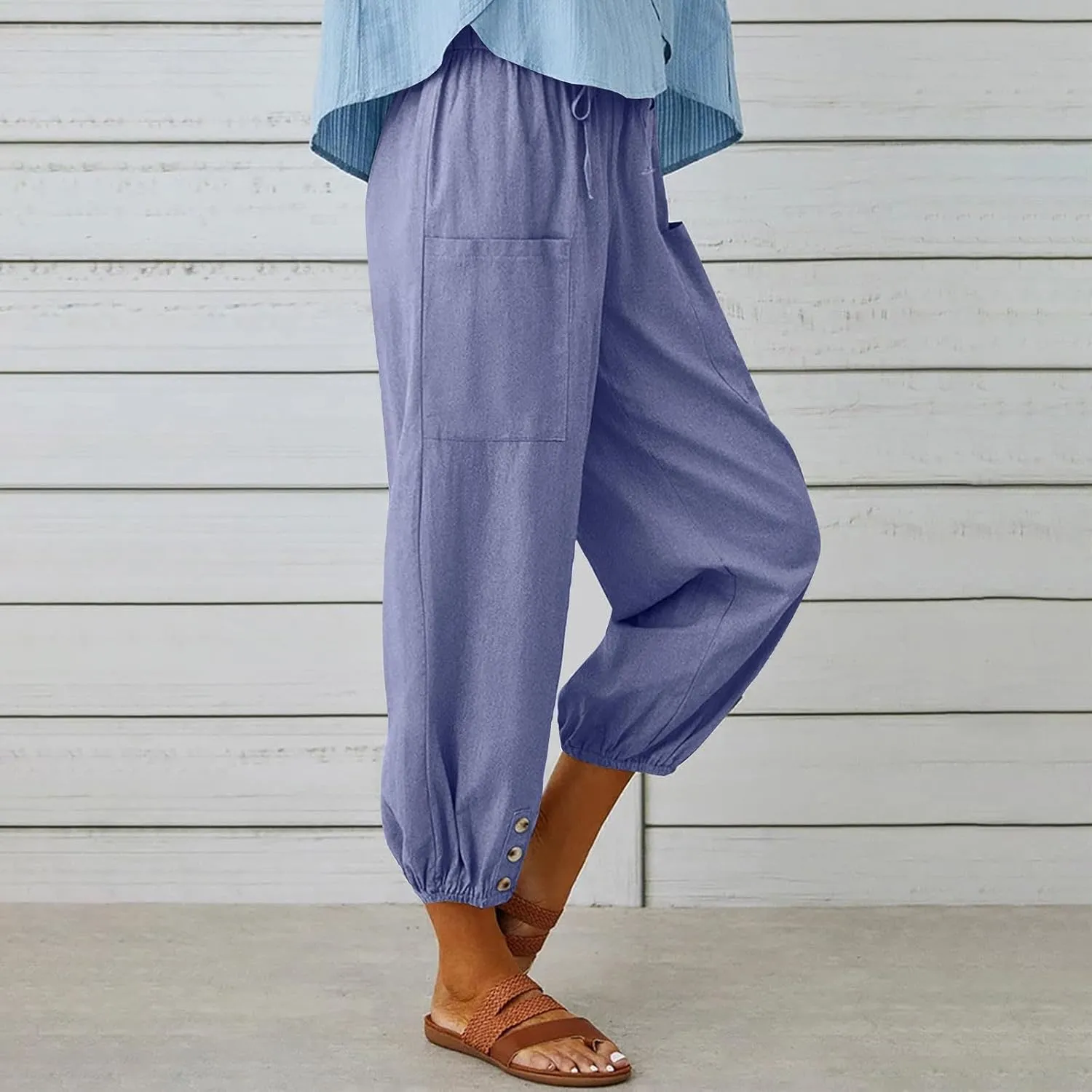 Linen Pants for Women High Waist Drawstring Palazzo Pants Summer Casual Tapered Lounge Trousers Boho Beach Outfits