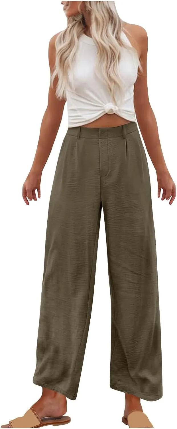 Linen Pants for Women High Waisted Wed Leg Palazzo Pants Summer Casual Lounge Trousers Trendy Vacation Outfits