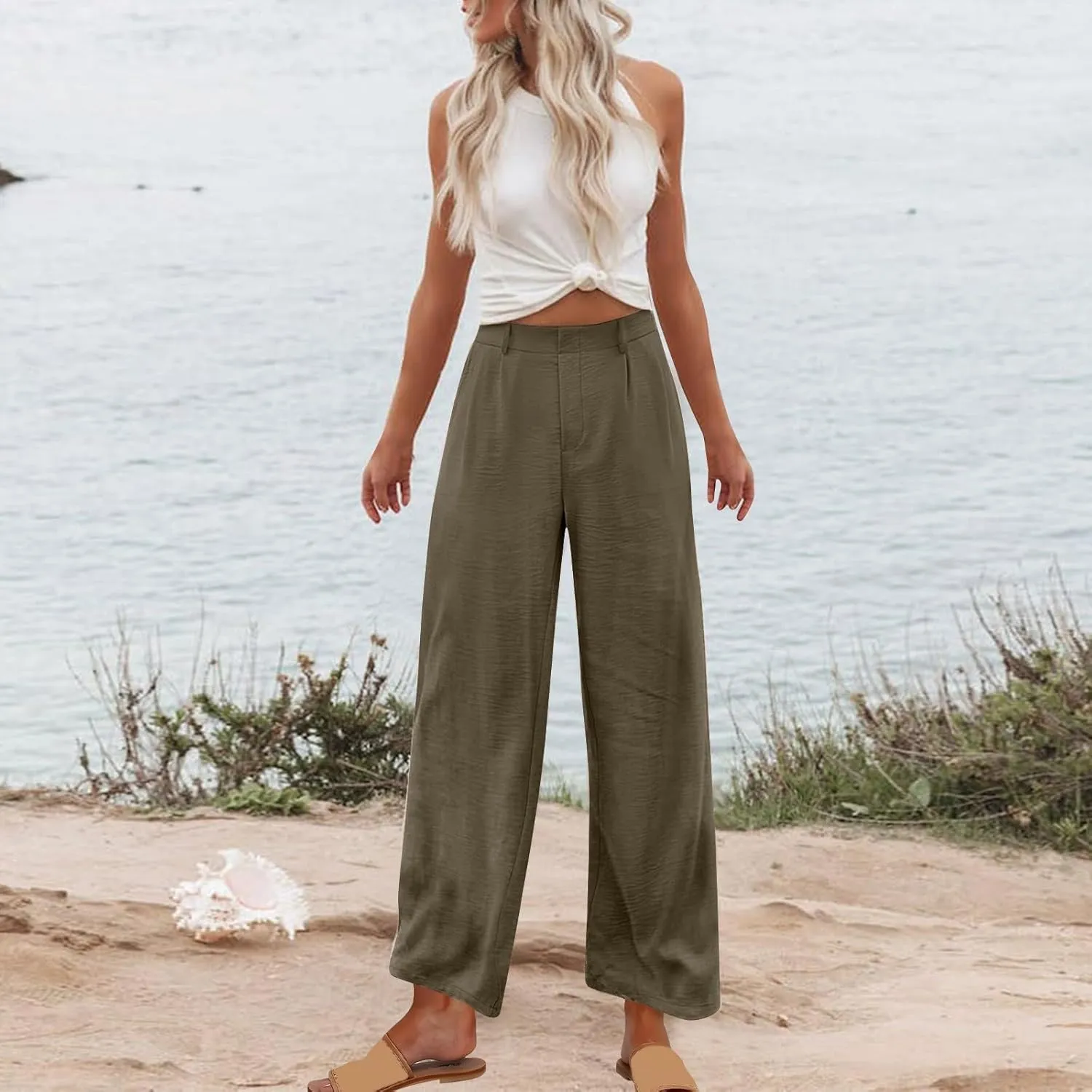 Linen Pants for Women High Waisted Wed Leg Palazzo Pants Summer Casual Lounge Trousers Trendy Vacation Outfits