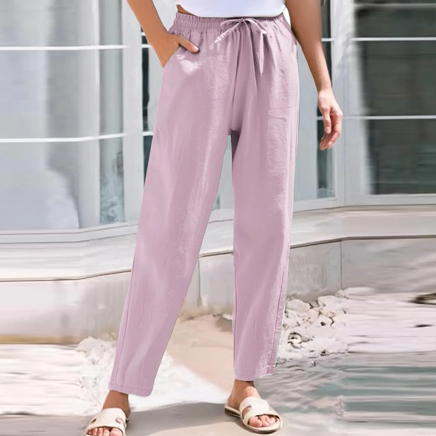 Linen Pants for Women, Peasant Pants Casual Linen Straight Leg Print Trendy