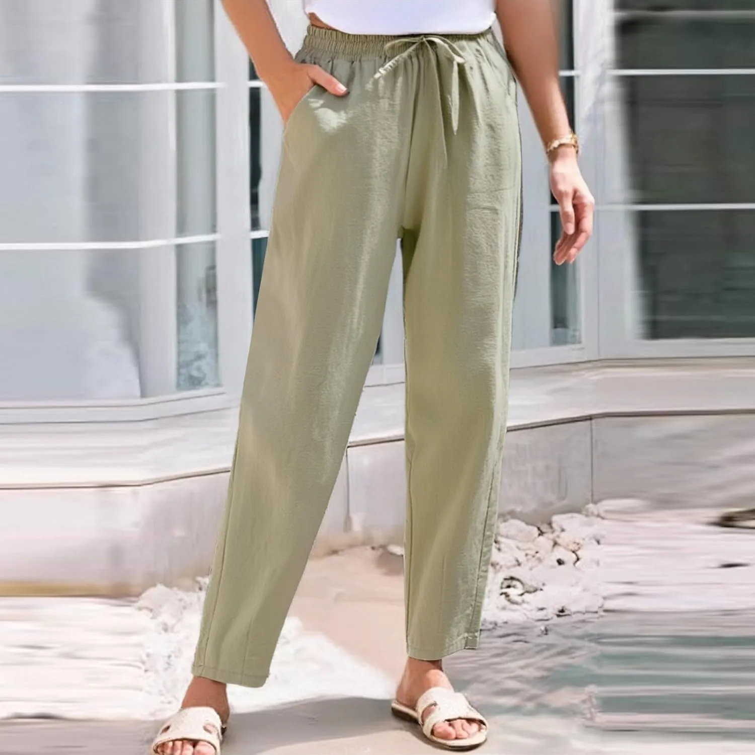 Linen Pants for Women, Straight Leg Peasant Pants Plus Size Casual Linen