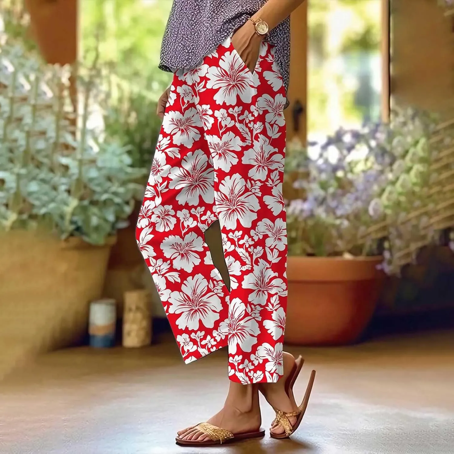 Linen Pants for Women Summer Wide Leg High Waisted Boho Print Casual Loose Drawstring Palazzo Trousers with Pocket
