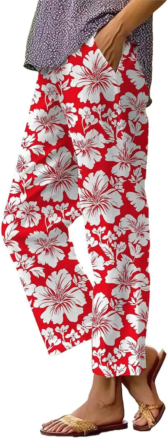 Linen Pants for Women Summer Wide Leg High Waisted Boho Print Casual Loose Drawstring Palazzo Trousers with Pocket