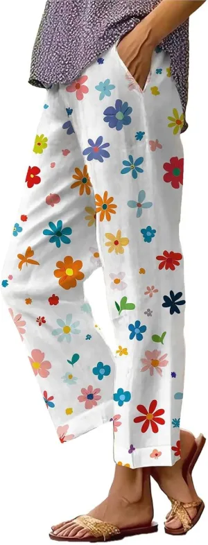 Linen Pants for Women Summer Wide Leg High Waisted Boho Print Casual Loose Drawstring Palazzo Trousers with Pocket