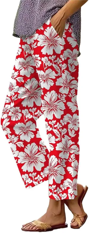 Linen Pants for Women Summer Wide Leg High Waisted Boho Print Casual Loose Drawstring Palazzo Trousers with Pocket
