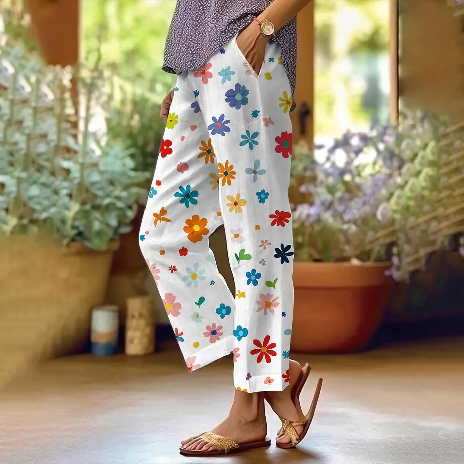 Linen Pants for Women Summer Wide Leg High Waisted Boho Print Casual Loose Drawstring Palazzo Trousers with Pocket