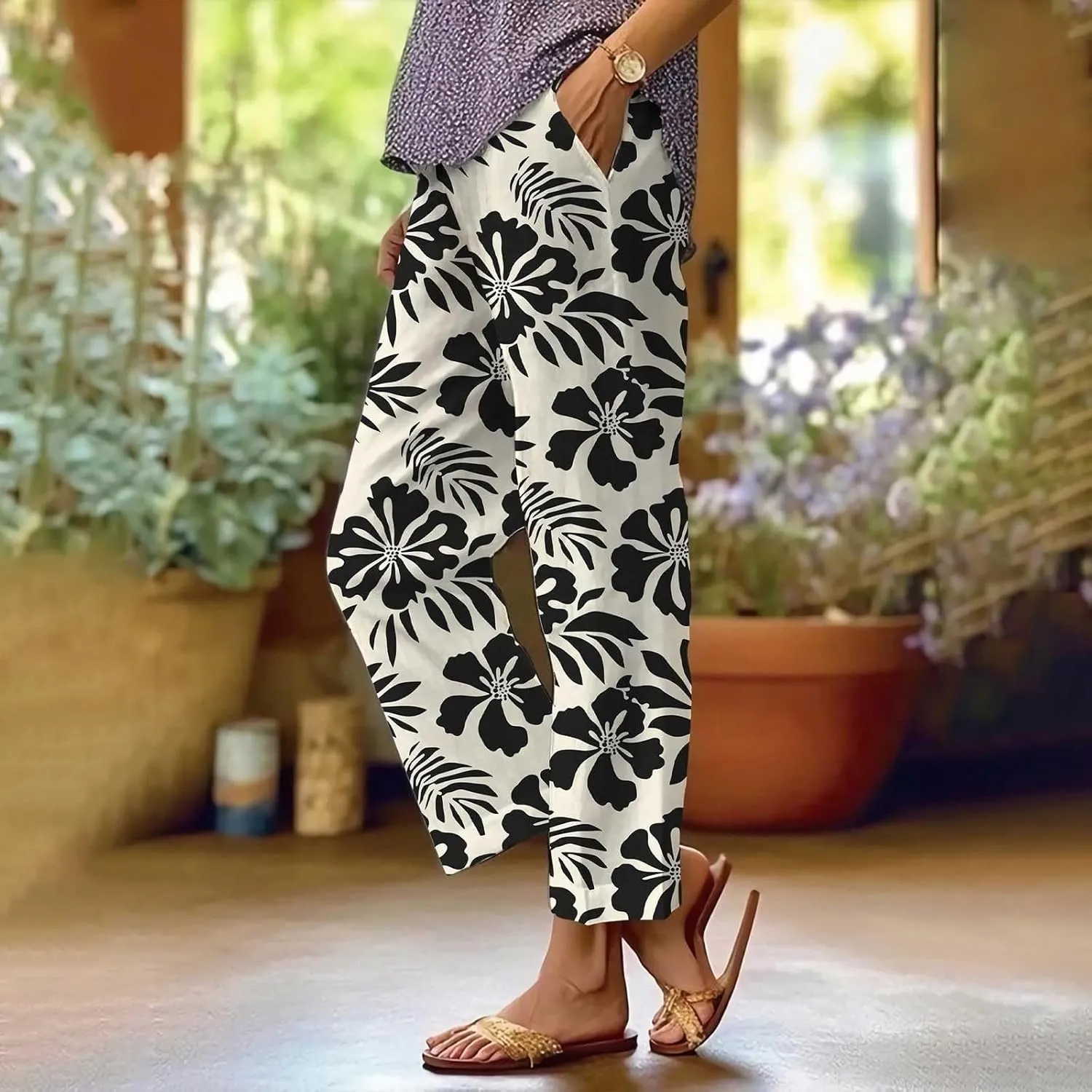 Linen Pants for Women Summer Wide Leg High Waisted Boho Print Casual Loose Drawstring Palazzo Trousers with Pocket