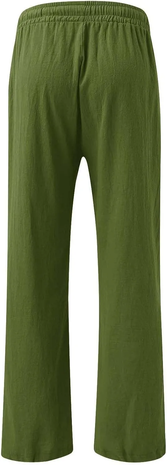 Linen Pants for Women Summer Wide Leg Palazzo Pants Drawstring Elastic Waist Loose Boho Pants Casual Beach Trousers