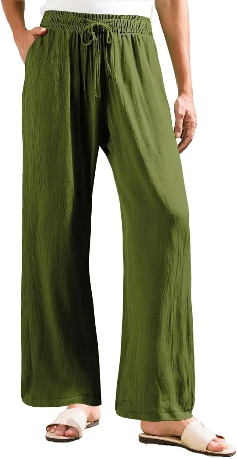 Linen Pants for Women Summer Wide Leg Palazzo Pants Drawstring Elastic Waist Loose Boho Pants Casual Beach Trousers