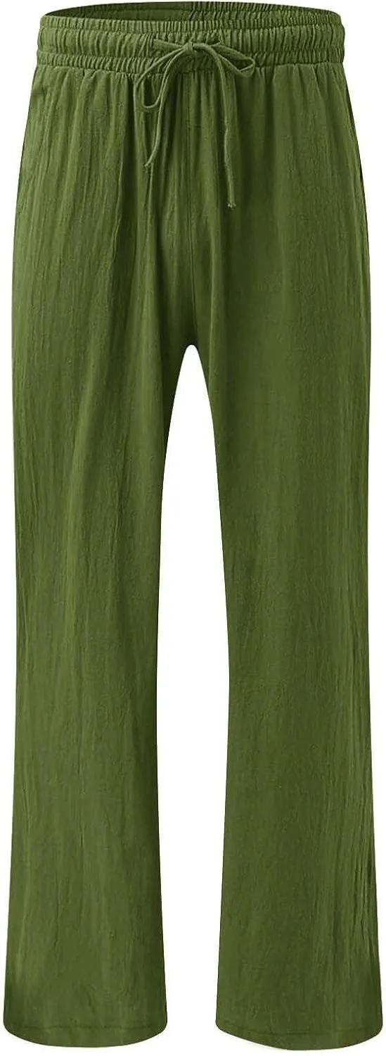 Linen Pants for Women Summer Wide Leg Palazzo Pants Drawstring Elastic Waist Loose Boho Pants Casual Beach Trousers