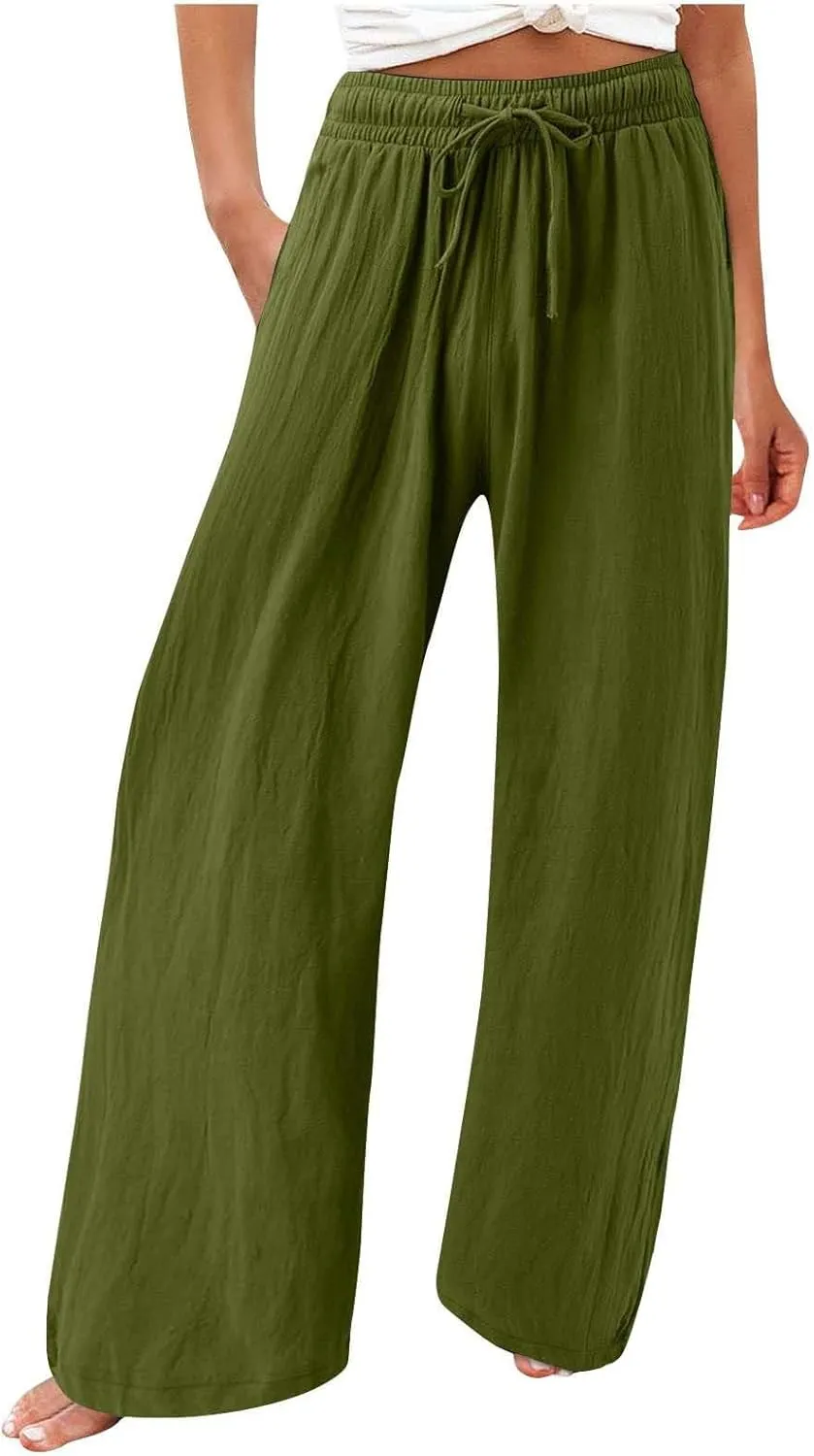 Linen Pants for Women Summer Wide Leg Palazzo Pants Drawstring Elastic Waist Loose Boho Pants Casual Beach Trousers